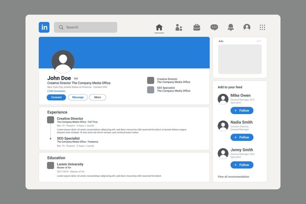 Mockup of a LinkedIn profile page showing a banner, profile photo, headline, Connect and Message buttons, an Experience section, and an "Add to your feed" sidebar, as an example for a LinkedIn client outreach guide.