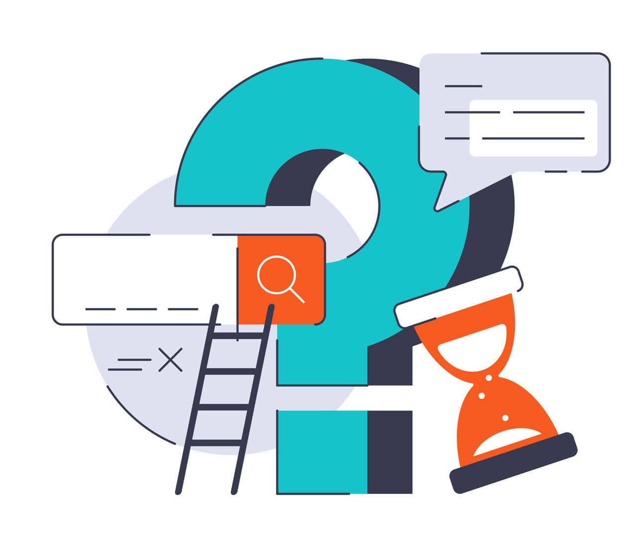 Illustration of answer engine optimization concept with a question mark, search bar, and chat bubbles