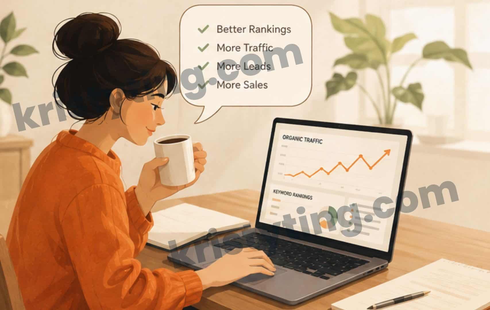 Freelancer analyzing website traffic and keyword rankings after implementing SEO improvements to increase organic traffic, leads, and conversions.