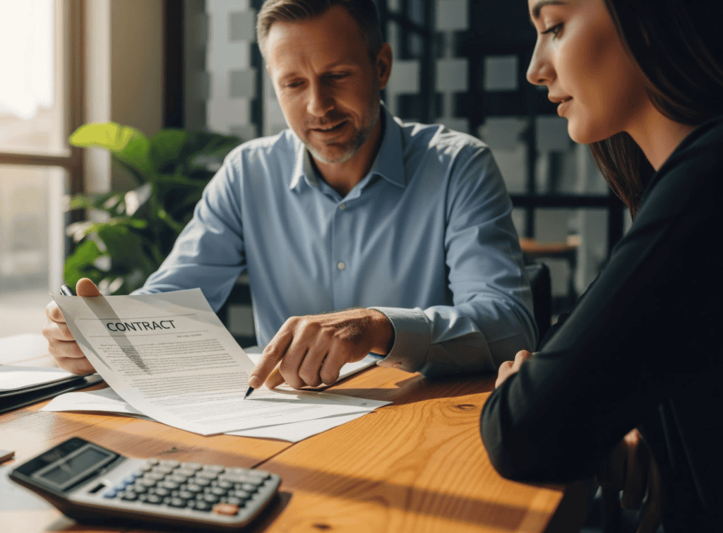 Man and woman reviewing a contract together at a desk with a calculator