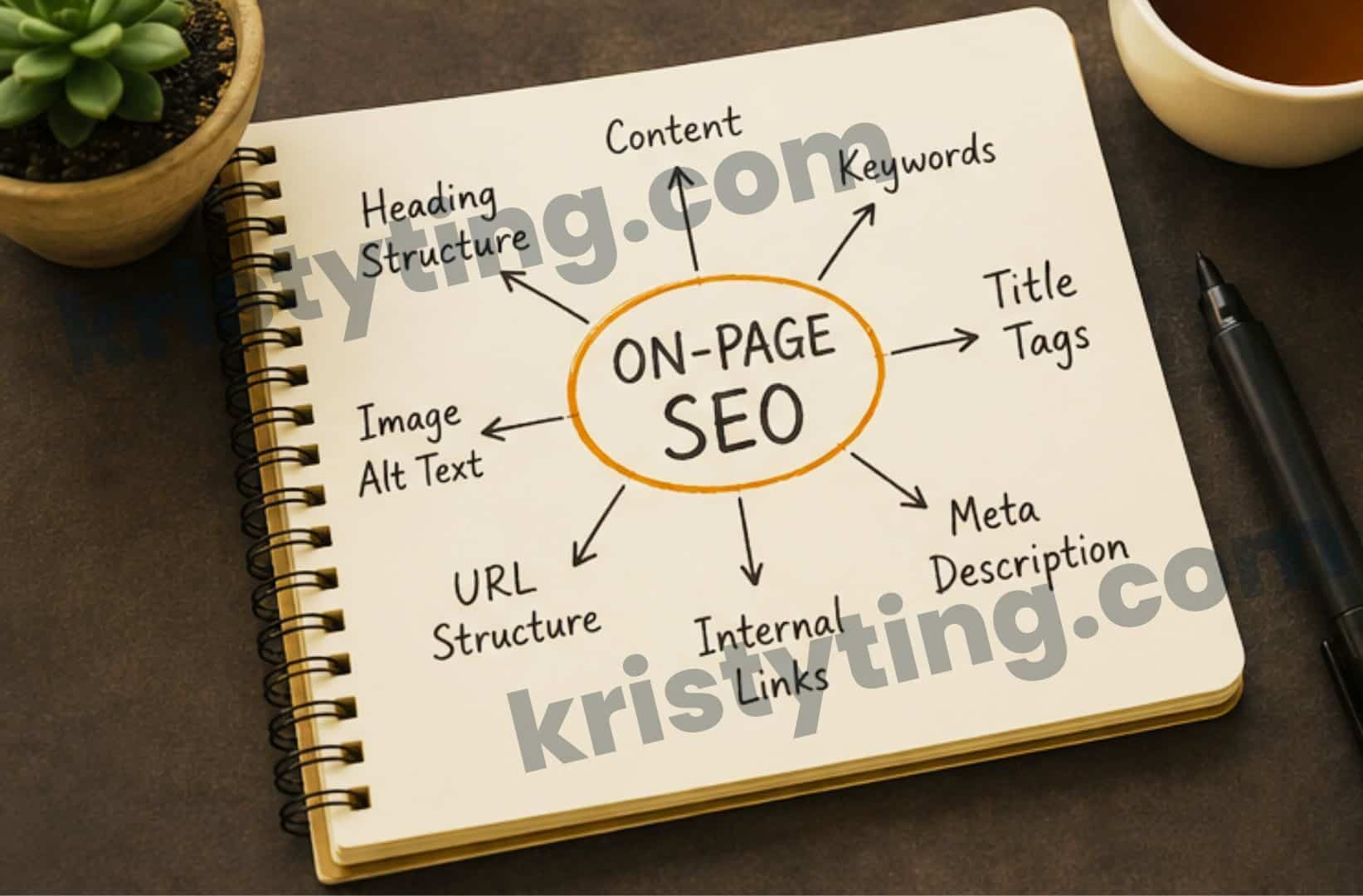 Notebook showing an on-page SEO planning workflow with keyword research, content optimization, title tags, URL structure, heading hierarchy, image alt text, and internal links.