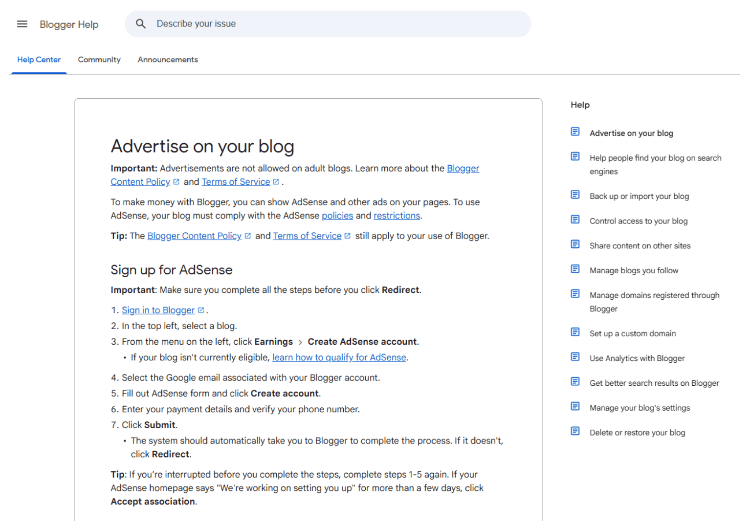 Google Blogger Help page explaining how to connect Google AdSense to Blogger for adsense blogging and blog monetization.
