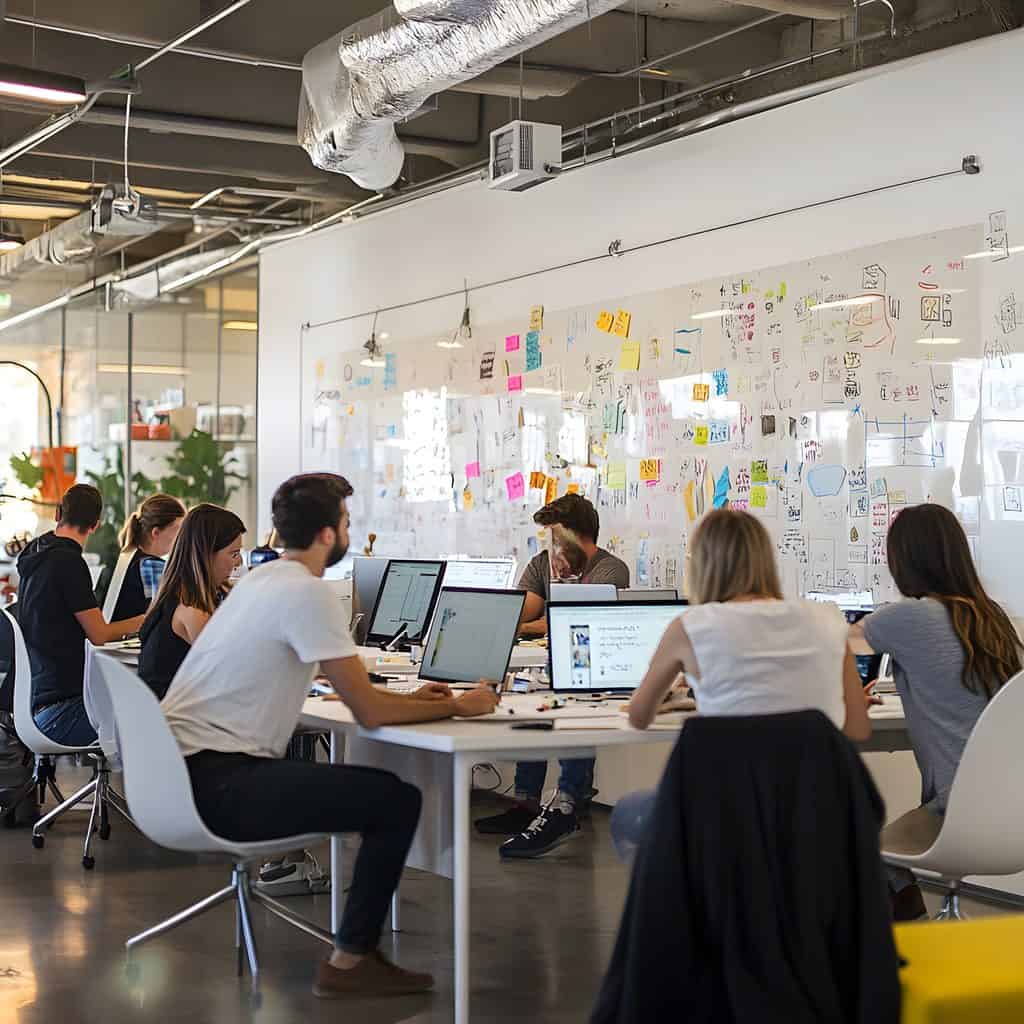 Team of six people working on laptops at a shared table in an open-plan office with a wall covered in sticky notes and sketches.