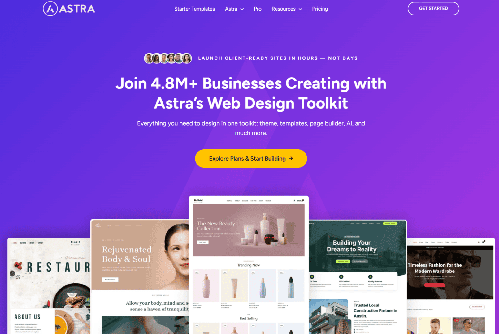 Astra WordPress theme showcasing multiple website designs and starter templates for different business types; one of the best blogging themes for flexible website design.