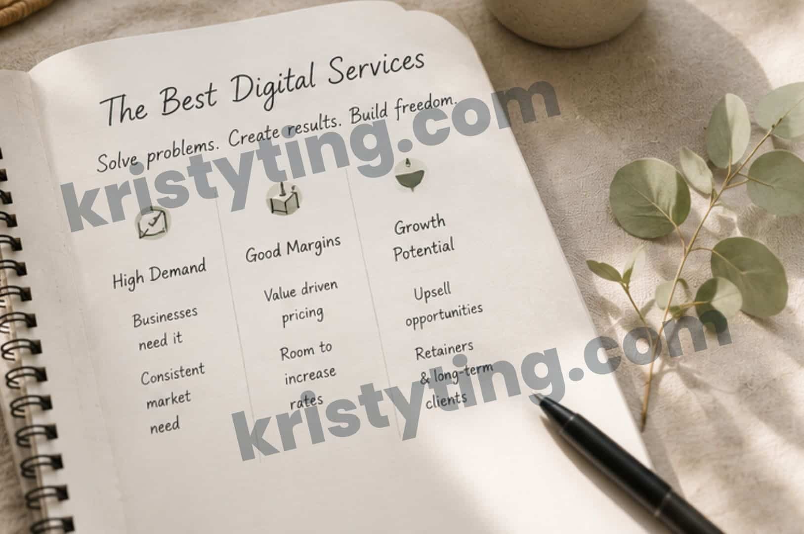 Planner showing the best digital services to sell evaluated by demand, pricing potential, recurring revenue, and long-term business growth.