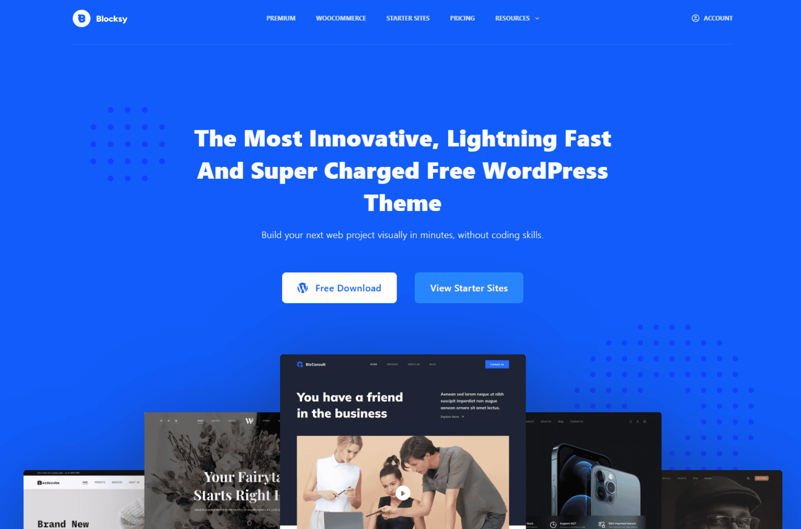 Blocksy WordPress theme homepage featuring a fast, customizable website design with starter sites and visual editing tools.