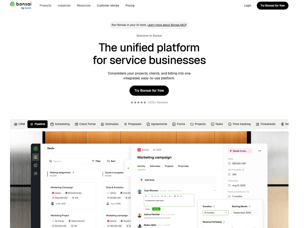 Screenshot of the Bonsai homepage showing a unified dashboard for CRM, pipeline, scheduling, proposals, and time tracking, representing one of the best CRM for freelancers picks for solo operators who want fewer tools.