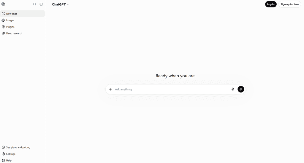 Screenshot of the ChatGPT homepage showing an empty chat window with the prompt "Ask anything" and sidebar options for New chat, Images, Plugins, and Deep research.