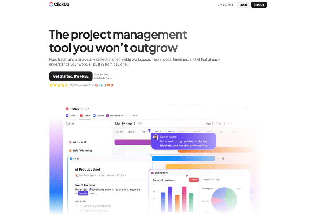 Screenshot of the ClickUp homepage with the tagline "The project management tool you won't outgrow," showing a Gantt chart, AI product brief, and project dashboard.