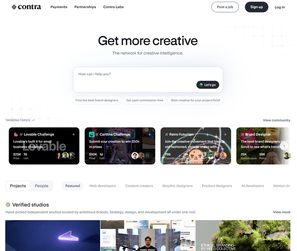 Screenshot of the Contra homepage with the tagline "Get more creative, the network for creative intelligence," showing trending project challenges and a search bar.
