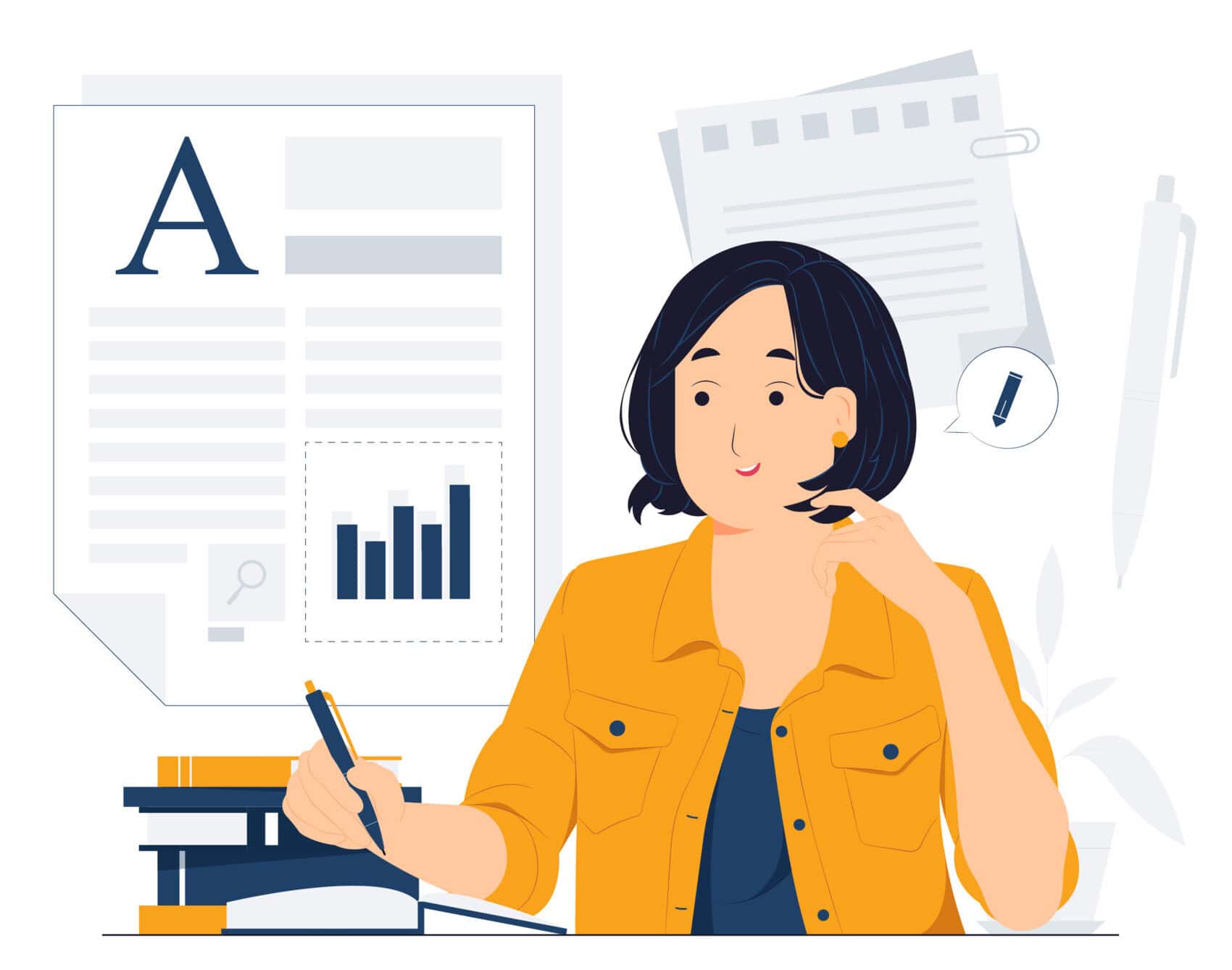 Illustration of a copywriter writing content beside documents, a chart, and a pen