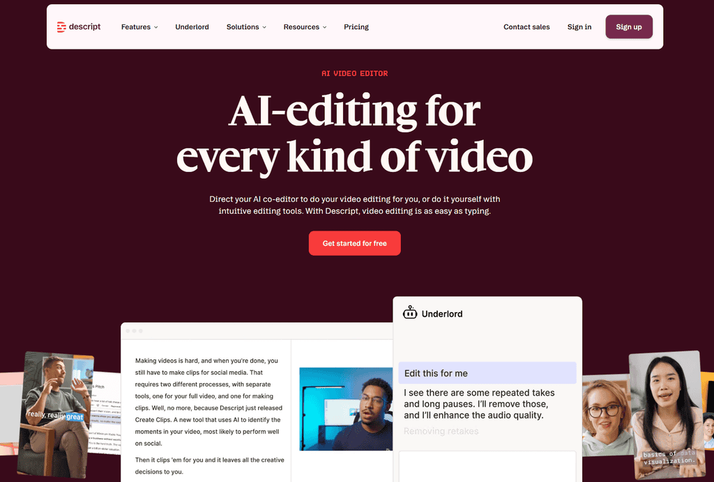 Screenshot of the Descript homepage with the headline "AI-editing for every kind of video" and a preview panel showing an AI assistant removing retakes from a transcript.