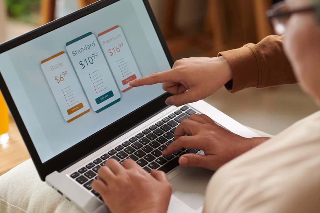 Close-up of hands on a laptop selecting a premium plan from three pricing tiers labeled Basic, Standard, and Premium on screen, representing how to price a social media management course offer.