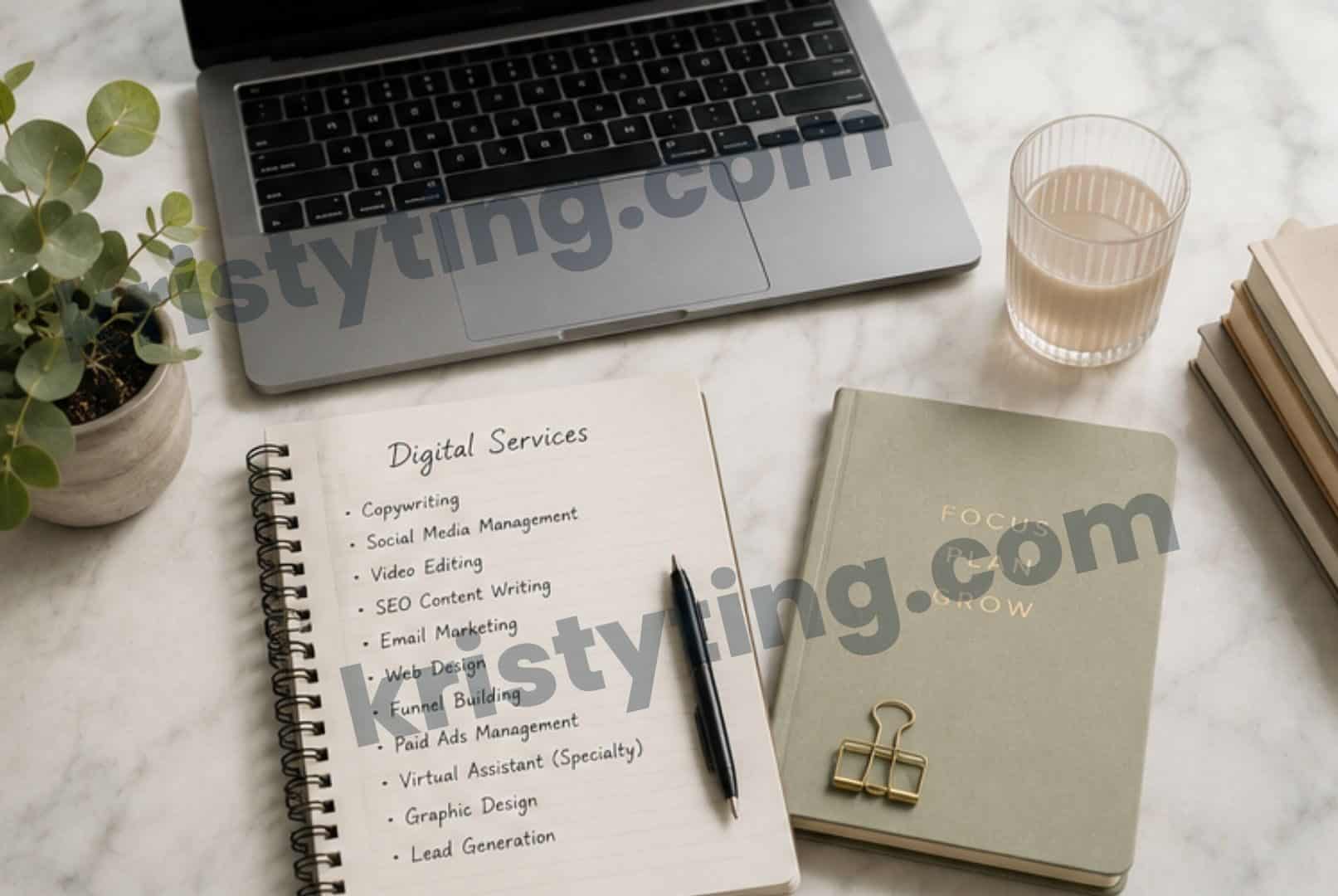 Notebook listing the best digital services to sell including copywriting, SEO writing, web design, email marketing, video editing, and funnel building on a modern workspace.