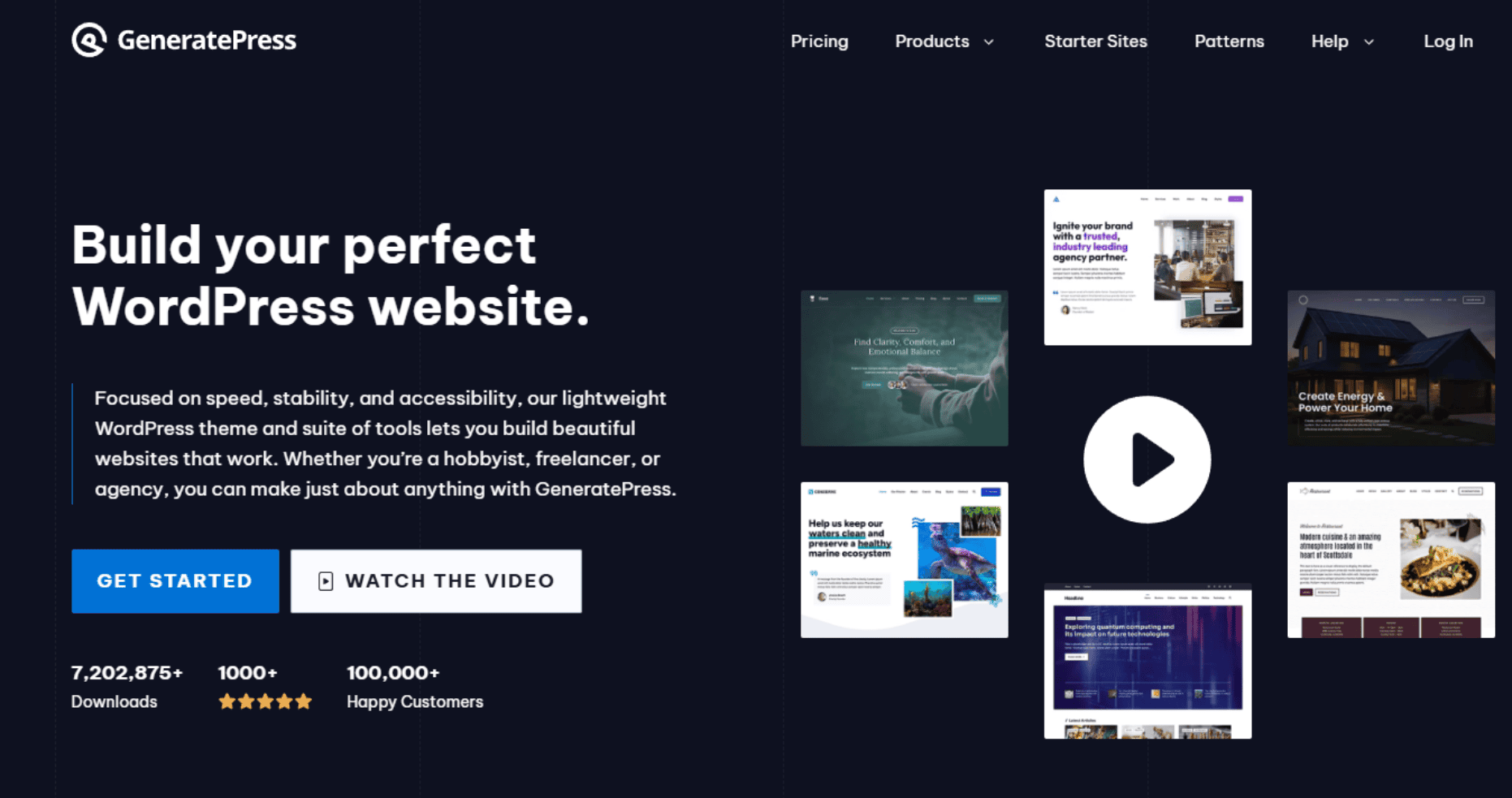GeneratePress WordPress theme homepage highlighting speed, stability, accessibility, and flexible website layouts for freelancers and businesses.