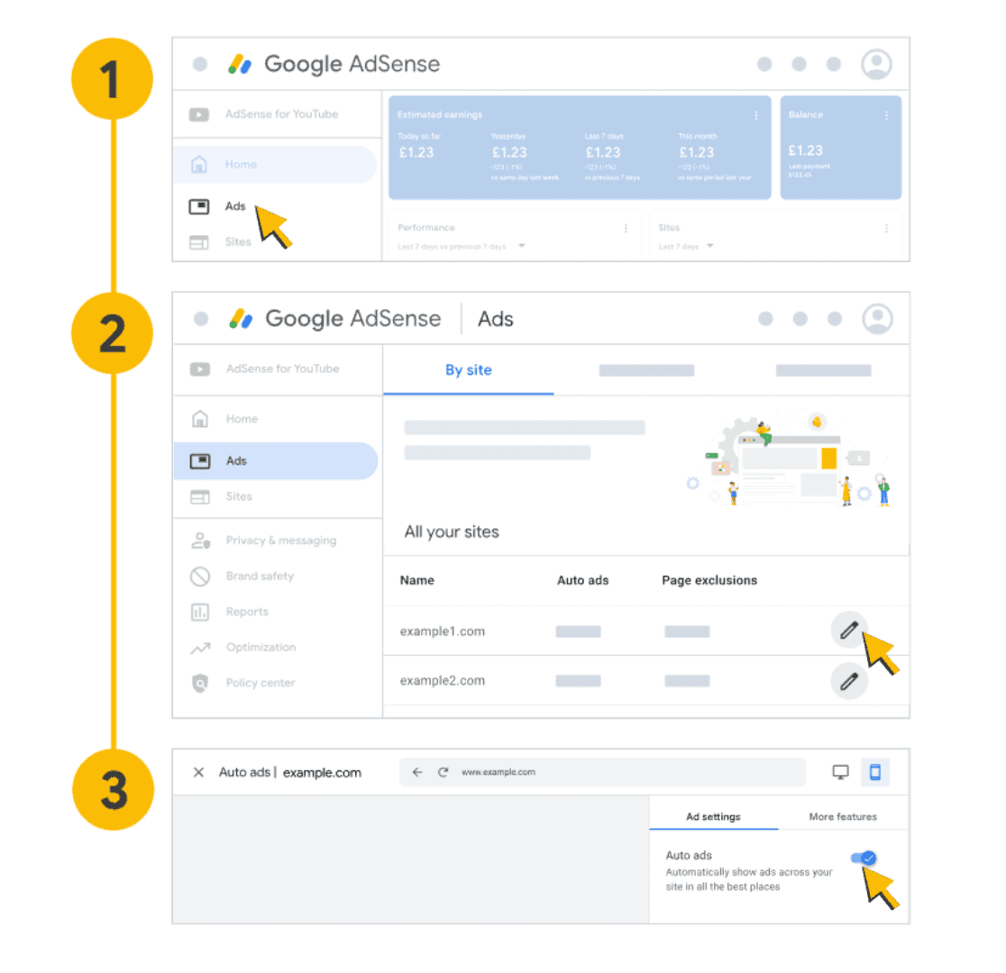 Step-by-step Google AdSense Auto Ads setup showing how to enable automatic ad placements for adsense blogging and website monetization.