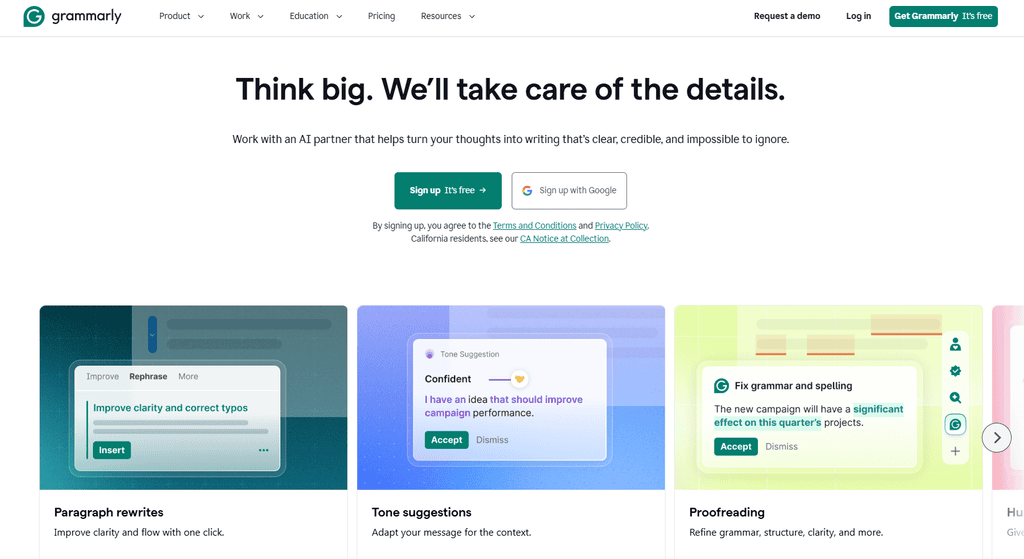 Screenshot of the Grammarly homepage showing feature cards for paragraph rewrites, tone suggestions, and proofreading.