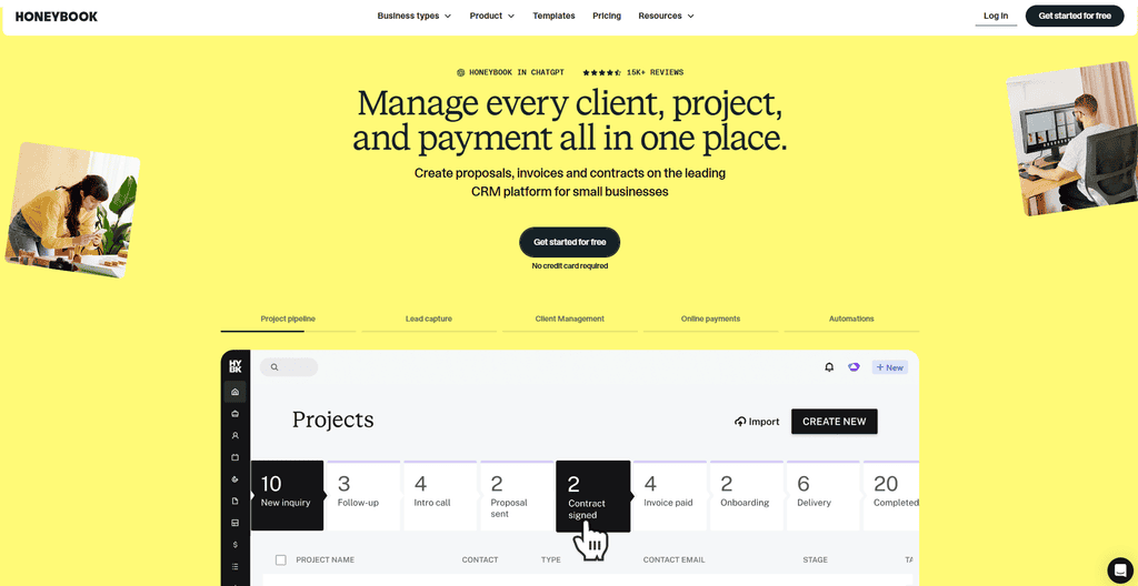 Screenshot of the HoneyBook homepage showing a project pipeline dashboard with stages from new inquiry to completed.