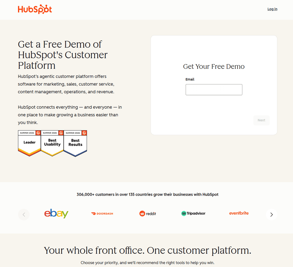 Screenshot of the HubSpot CRM homepage showing its free demo signup form and customer logos including eBay, DoorDash, and Reddit.