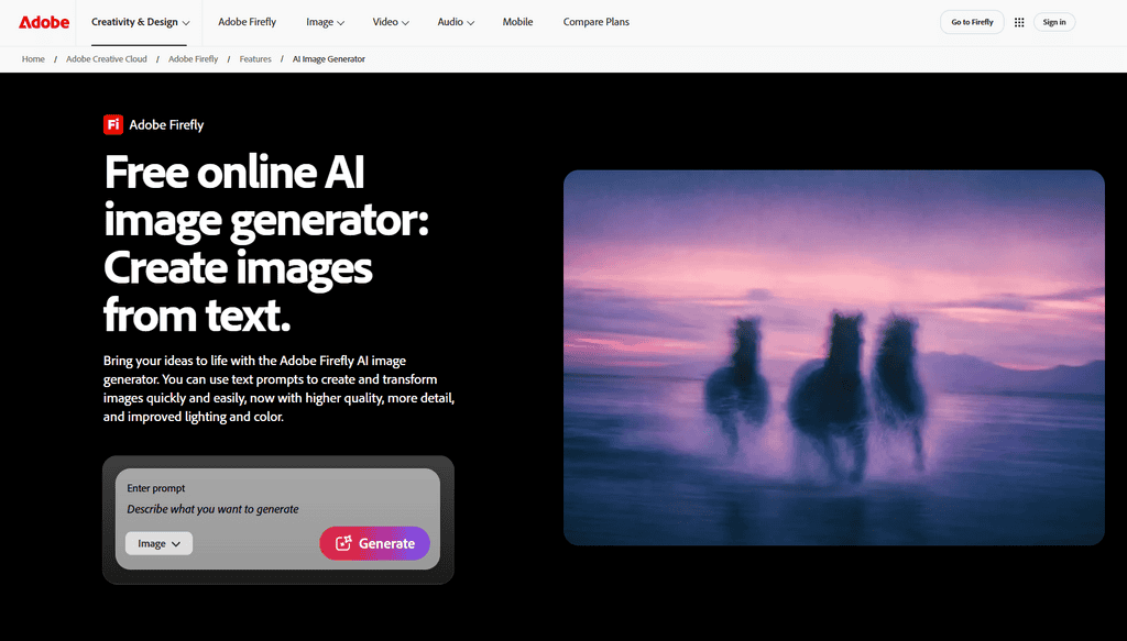 Screenshot of Adobe Firefly's Text to Image generator showing a prompt field and AI-generated image examples.