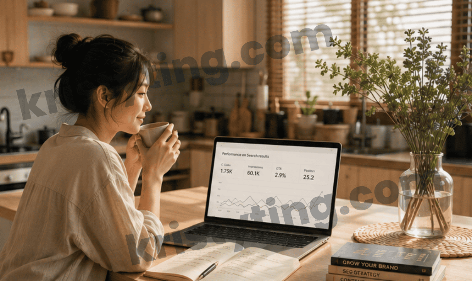 SEO for freelancers: a lady in her home office workspace showing laptop, coffee, notebook and website analytics in a warm kitchen office.