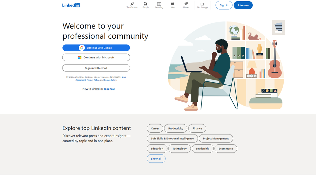 Screenshot of the LinkedIn homepage with the headline "Welcome to your professional community," sign-in options, and topic tags including Career, Productivity, and Leadership.