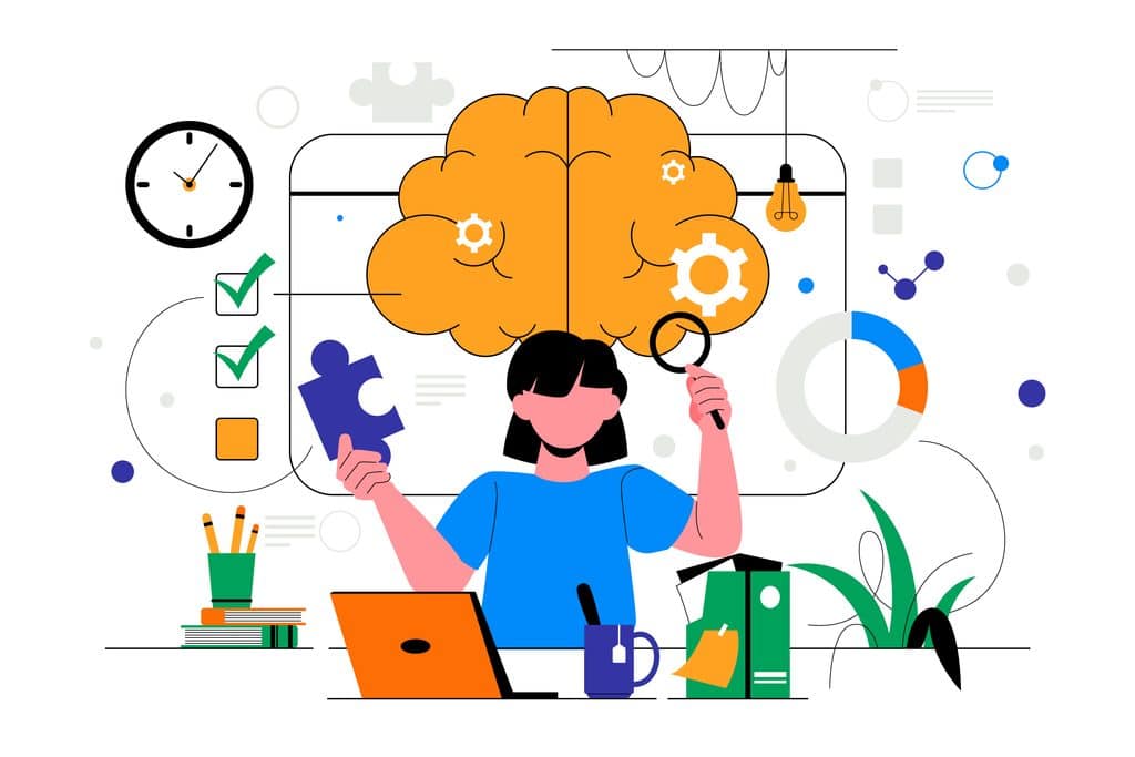 Illustration of a woman managing tasks and solving problems at a desk