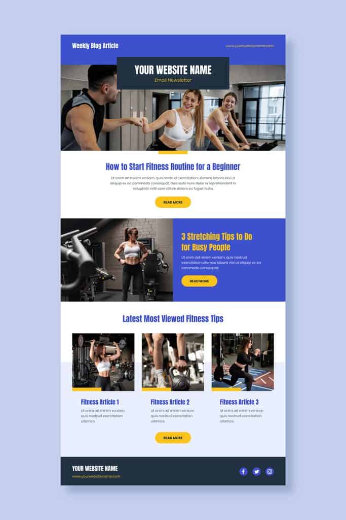Mockup of a weekly email newsletter template with a hero section, a secondary story block, and a three-column grid of recent articles.