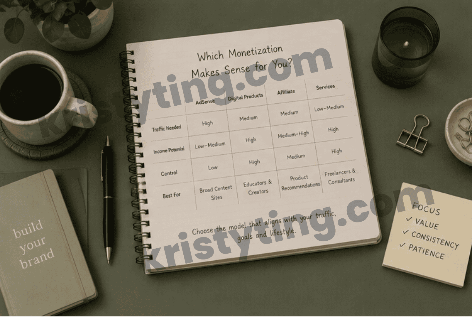 Comparison chart showing adsense blogging, digital products, affiliate marketing, and client services as different blog monetisation strategies.
