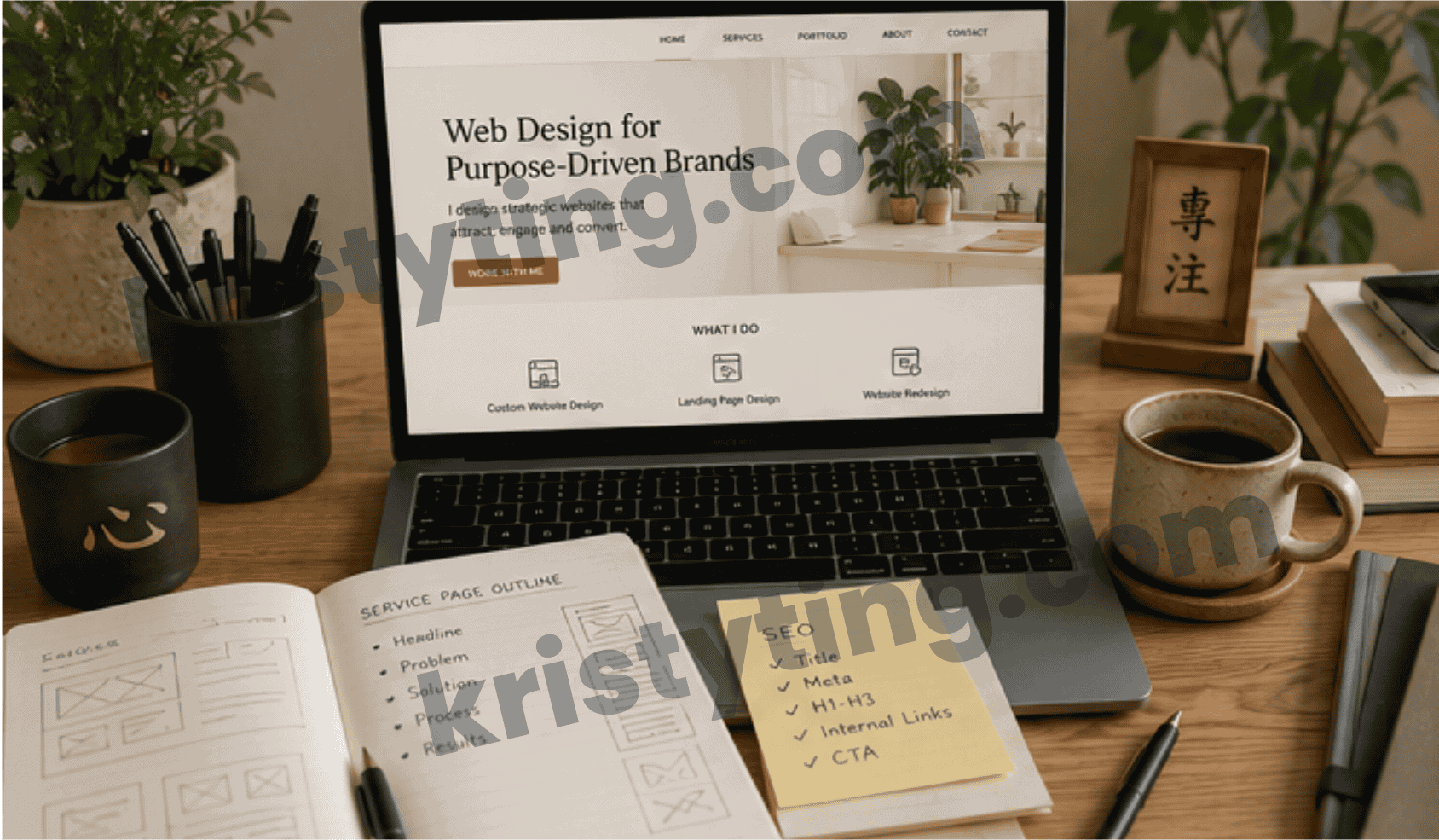 Freelancer building SEO-optimized service pages on a professional website from a stylish home office with coffee cups on both sides of a laptop.