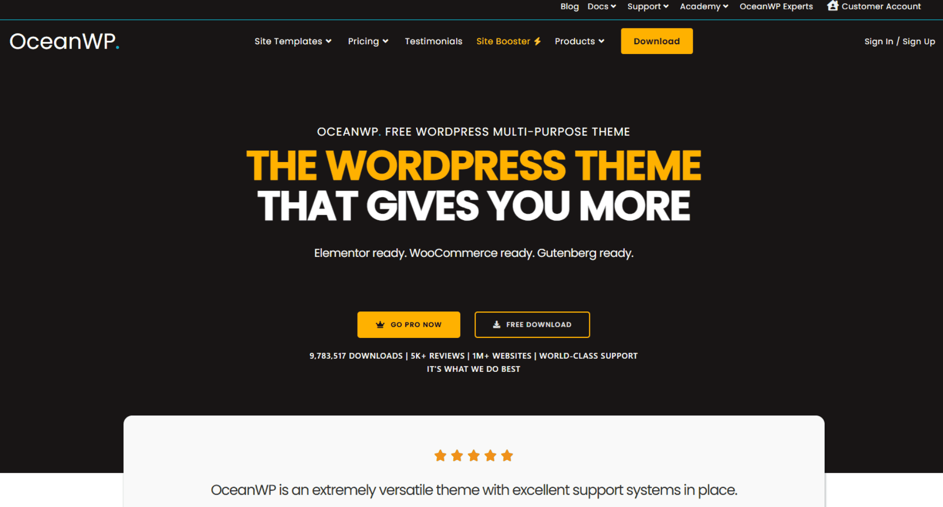 OceanWP WordPress theme homepage showing a multipurpose website design with WooCommerce, Elementor, and Gutenberg support.