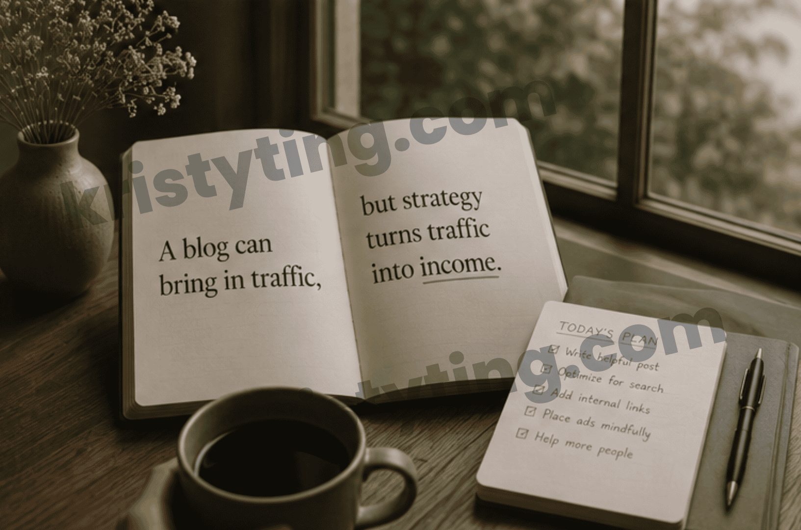 A notebook reading a blog can bring in traffic but strategy turns traffic into income.