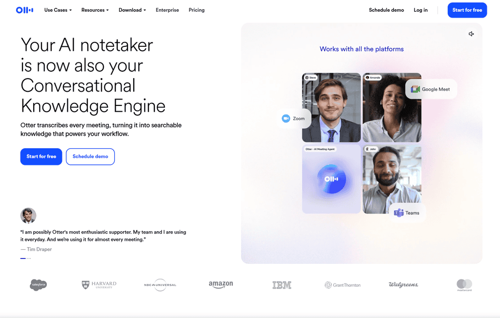 Screenshot of the Otter homepage showing its AI notetaker with video meeting participants and integrations for Zoom, Google Meet, and Microsoft Teams.
