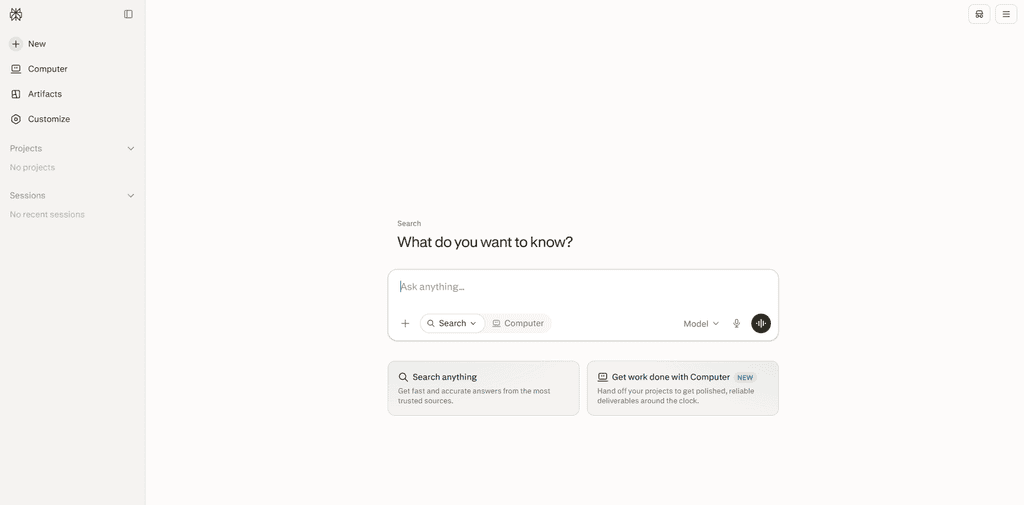 Screenshot of the Perplexity homepage with the prompt "What do you want to know?" above a search bar and options for Search anything and Get work done with Computer.