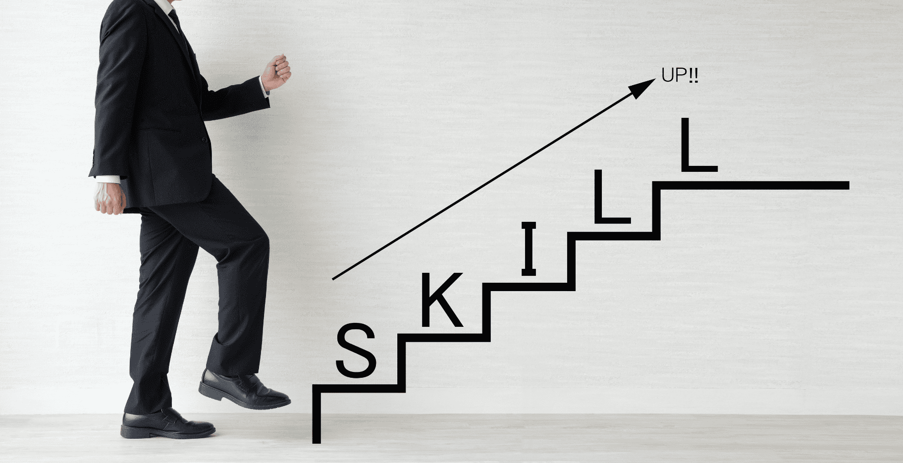 Businessperson climbing a staircase representing gradual professional growth, with an upward arrow showing progress.
