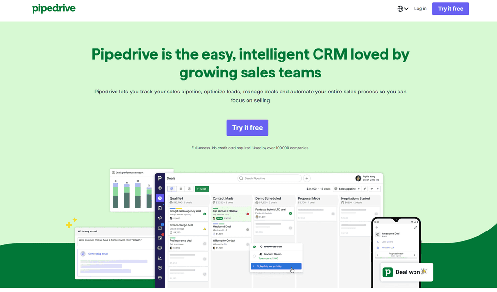 Screenshot of the Pipedrive homepage showing a visual sales pipeline with deal cards organized by stage, illustrating one of the best CRM for freelancers options built for consistent selling.