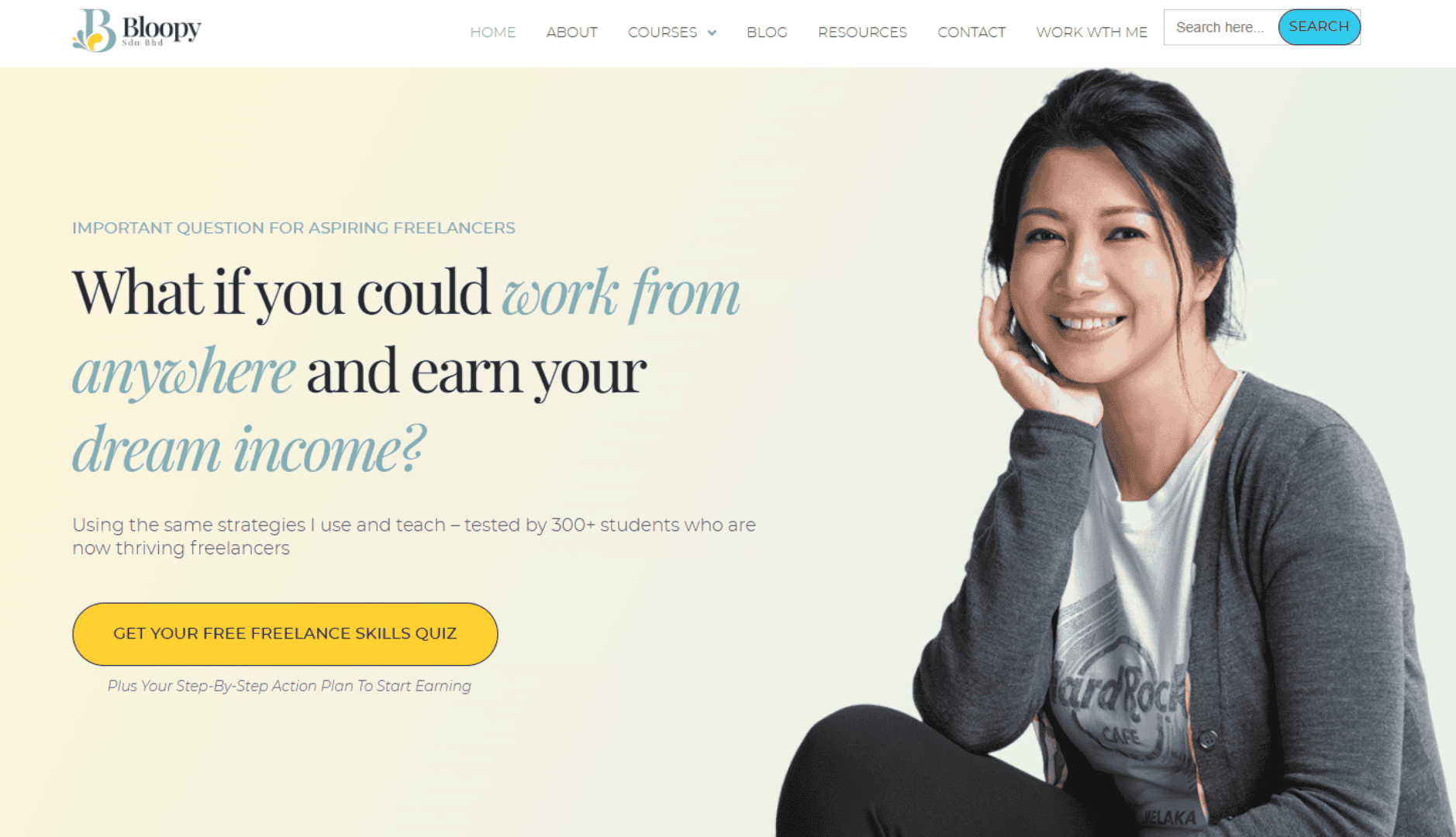A screenshot of the 'Bloopy' website landing page featuring a smiling woman and text about working from anywhere.