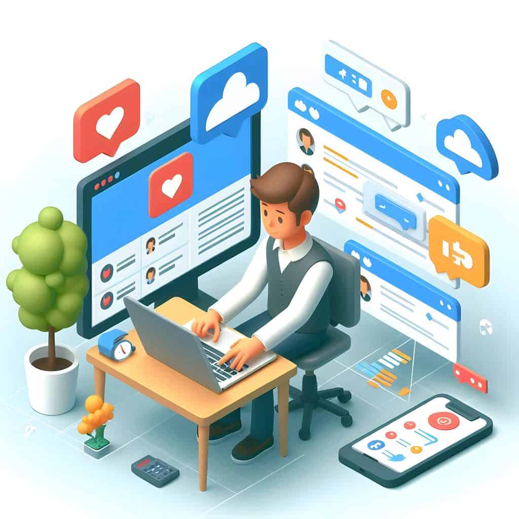 Isometric illustration of a social media specialist at a laptop, surrounded by screens showing likes, messages, and engagement icons across platforms.