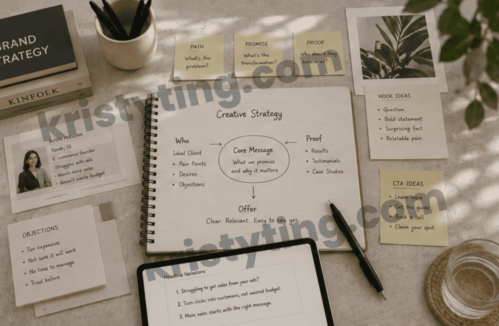 Marketing strategist planning customer messaging, offer positioning, and copy ideas for high-converting digital advertising campaigns.