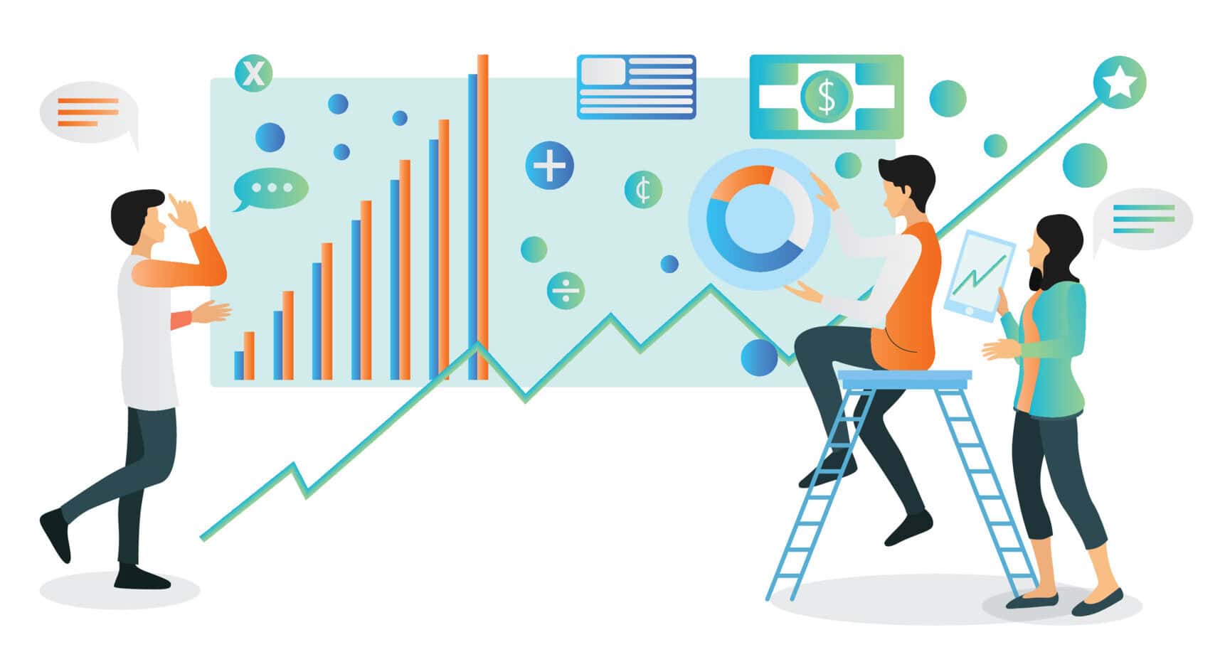 Illustration of a team analyzing social media data, growth charts, and performance metrics