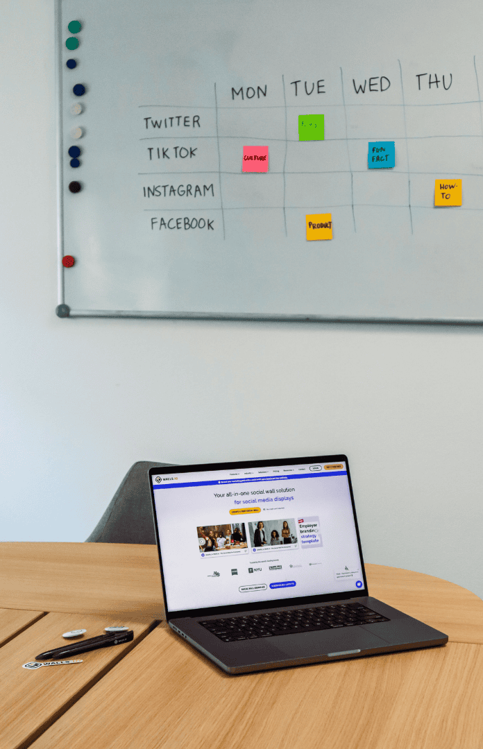 Job description of virtual assistant: managing social media schedules on a whiteboard, deadlines, and daily tasks efficiently.