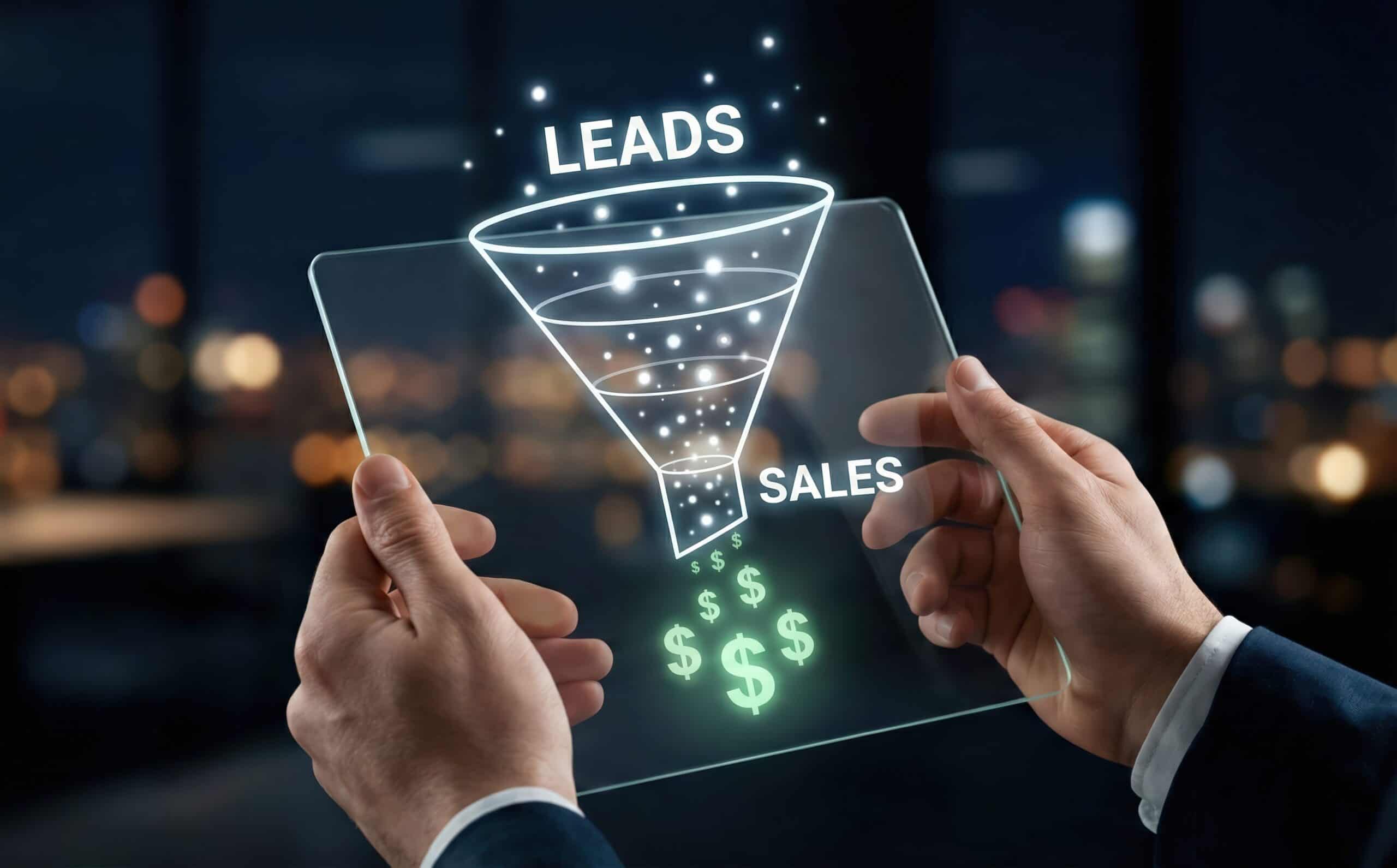 Hand holding a transparent tablet displaying a beginner guide to sales funnels concept with leads converting to sales and dollar signs