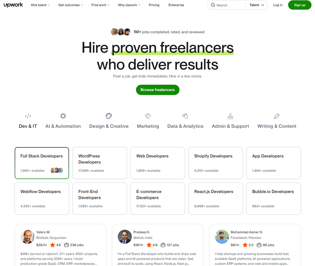 Screenshot of the Upwork homepage with the tagline "Hire proven freelancers who deliver results," showing categories like Dev & IT, Design & Creative, and Writing & Content alongside freelancer profiles.