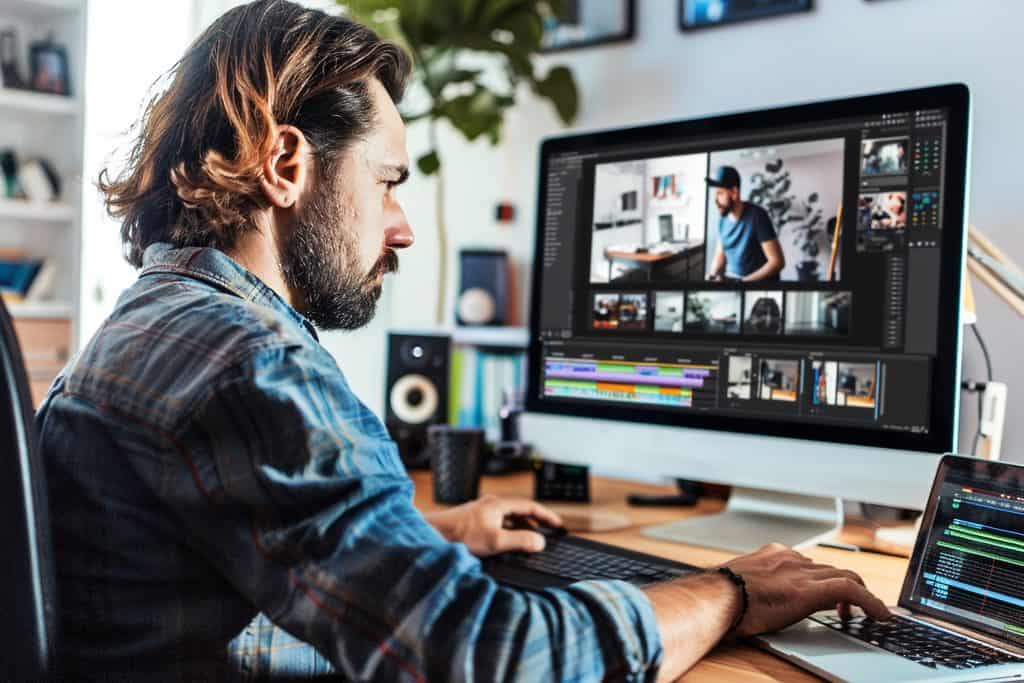 Video editor reviewing multiple footage clips and a color-coded timeline on a large monitor while working from a laptop.