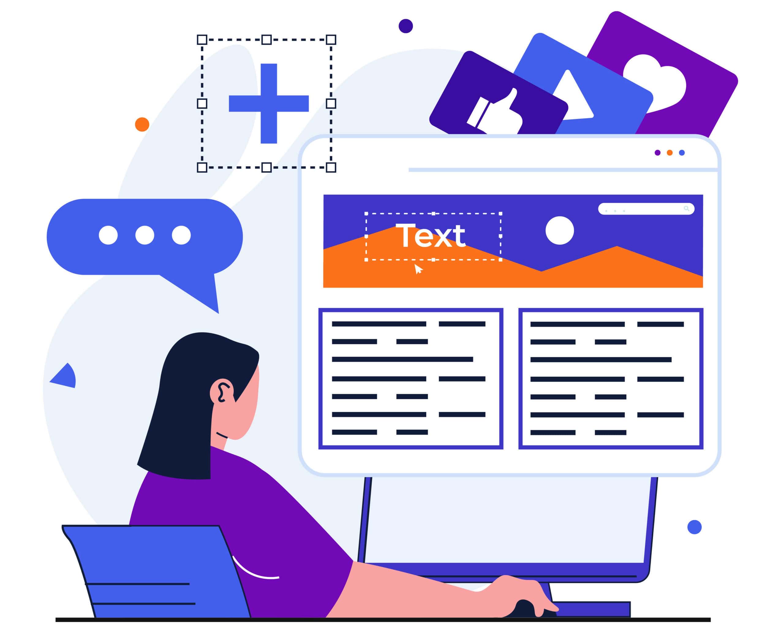 Flat illustration of a woman building and managing website content on a computer with text blocks and social engagement icons