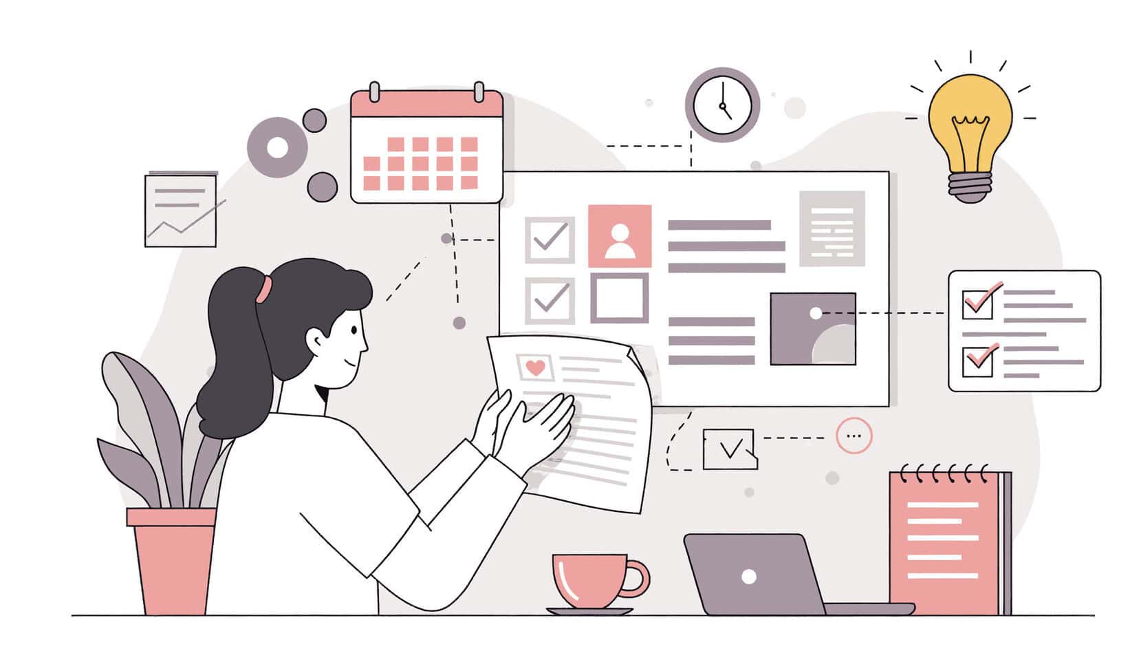 Illustration of a woman organizing content, tasks, and a calendar on a project board