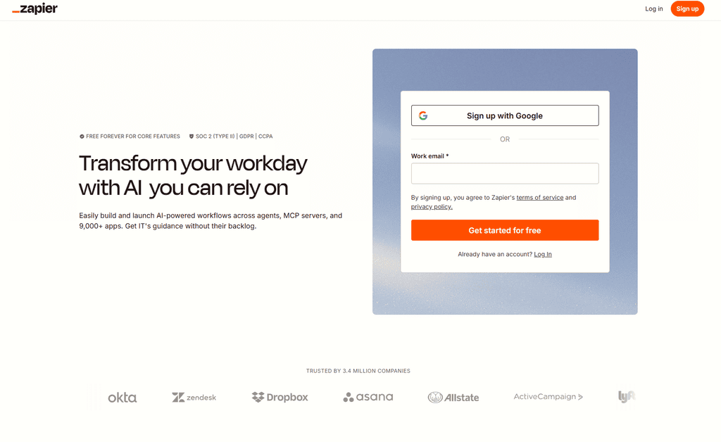 Screenshot of the Zapier homepage with the headline "Transform your workday with AI you can rely on" and a sign-up form, alongside logos of companies including Okta, Zendesk, and Dropbox.