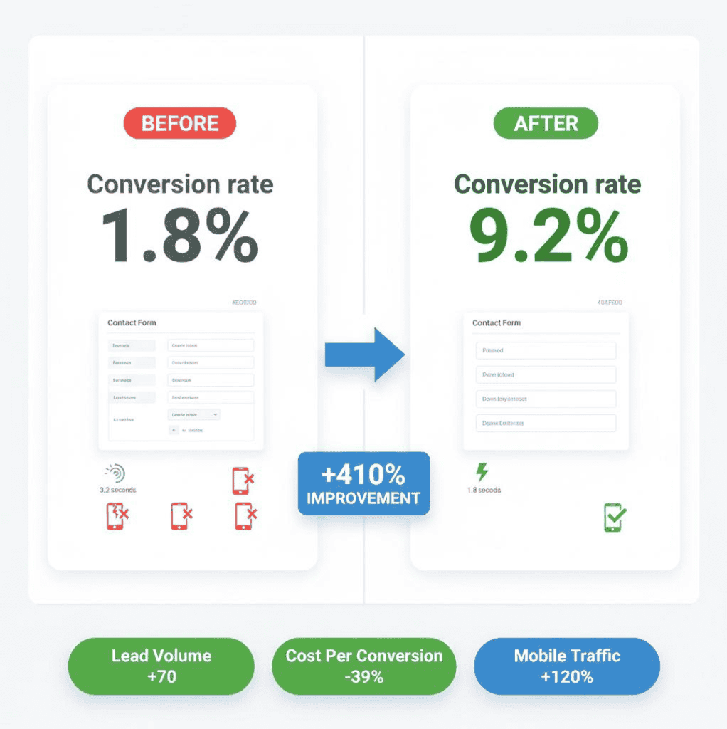 Before-and-after comparison of a sales landing page showing improvements to the headline, call-to-action button, and customer testimonials.