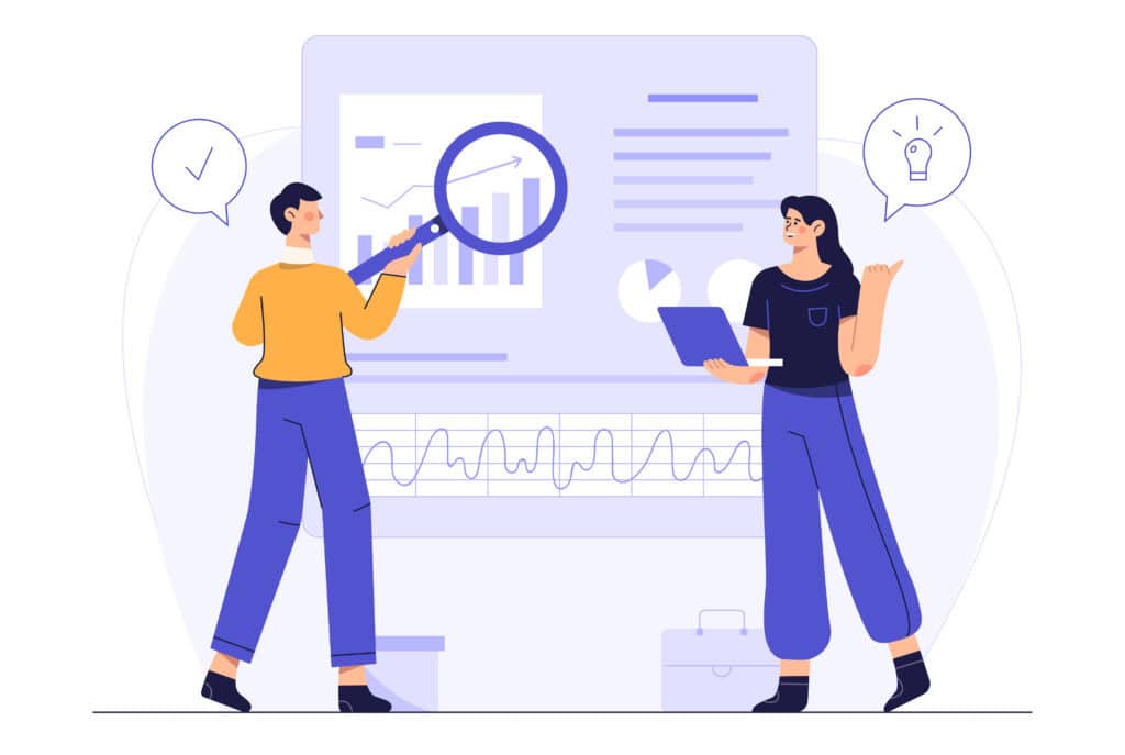 Illustration of a man holding a magnifying glass over a bar chart while a woman with a laptop stands nearby, with speech bubbles showing a checkmark and a lightbulb.
