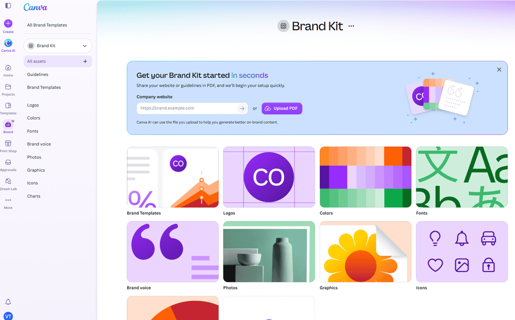 Canva Brand Kit page for a Canva Pro Freelancer Review showing a setup prompt for a company website or PDF, with tiles for Brand Templates, Logos, Colors, Fonts, Brand voice, Photos, Graphics, and Icons.